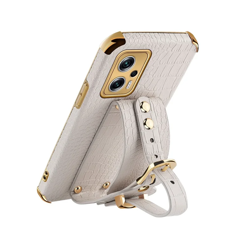 Para Xiaomi Redmi Note 11T Pro 5G / Note 11T Pro+ 5G / Poco X4 GT 5G / Redmi K50i 5G Funda de TPU con recubrimiento de piel sintética con textura de cocodrilo y con correa para la muñeca - Blanco