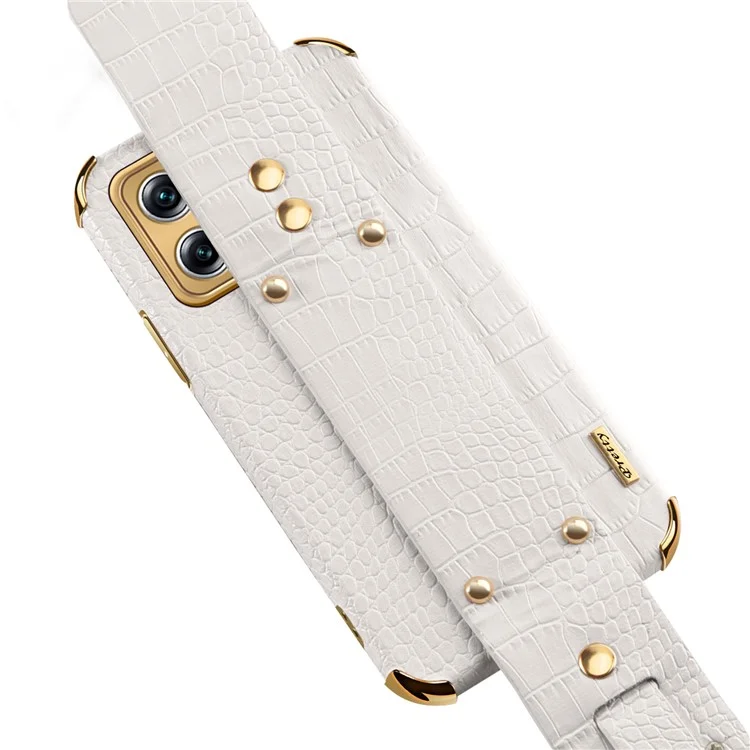 Para Xiaomi Redmi Note 11T Pro 5G / Note 11T Pro+ 5G / Poco X4 GT 5G / Redmi K50i 5G Funda de TPU con recubrimiento de piel sintética con textura de cocodrilo y con correa para la muñeca - Blanco