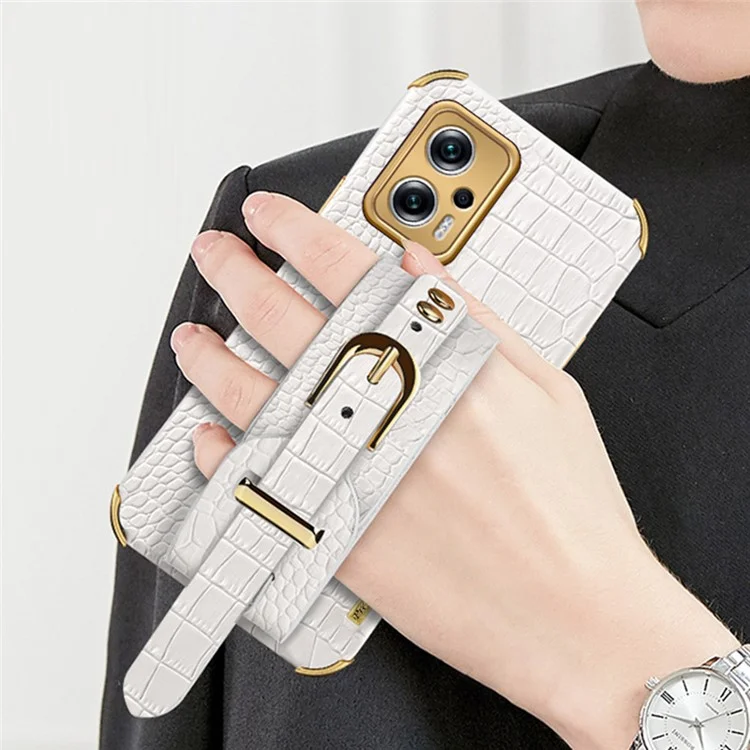 Para Xiaomi Redmi Note 11T Pro 5G / Note 11T Pro+ 5G / Poco X4 GT 5G / Redmi K50i 5G Funda de TPU con recubrimiento de piel sintética con textura de cocodrilo y con correa para la muñeca - Blanco
