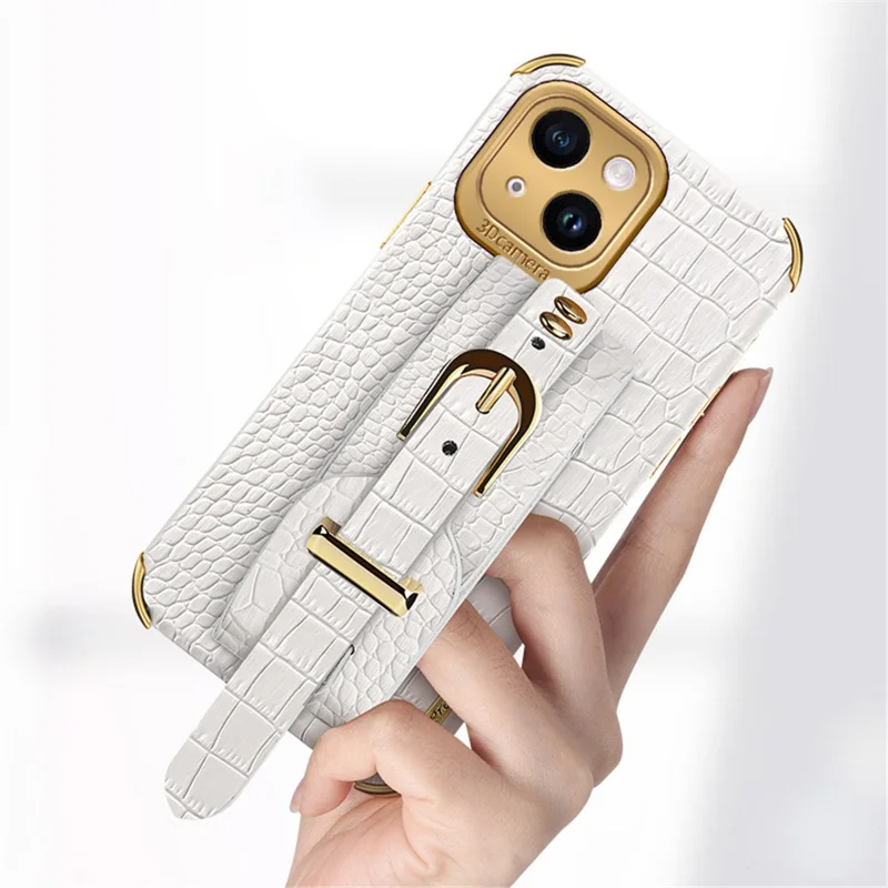 Anti-Drop Phone Cover for iPhone 14 Crocodile Texture Electroplating Phone Case with Hand Strap Kickstand - Yellow