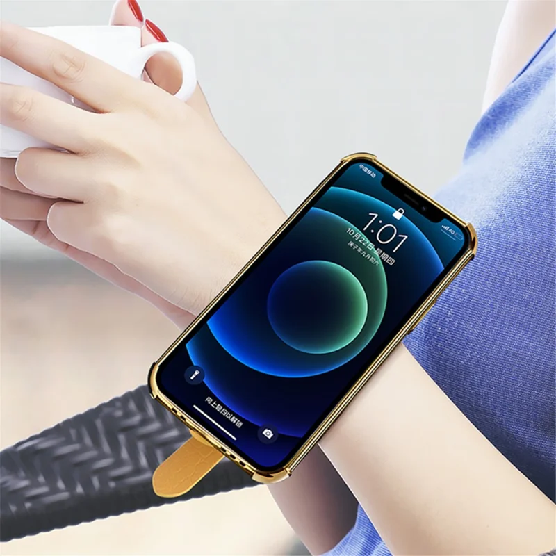 Anti-Drop Phone Cover for iPhone 14 Crocodile Texture Electroplating Phone Case with Hand Strap Kickstand - Yellow