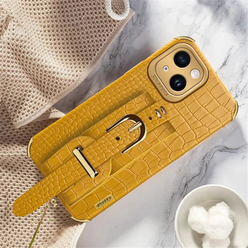 Anti-Drop Phone Cover for iPhone 14 Crocodile Texture Electroplating Phone Case with Hand Strap Kickstand - Yellow