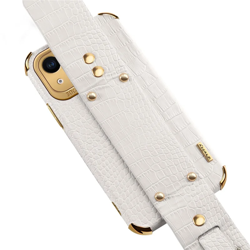 Anti-Drop Phone Cover for iPhone 14 Crocodile Texture Electroplating Phone Case with Hand Strap Kickstand - Yellow