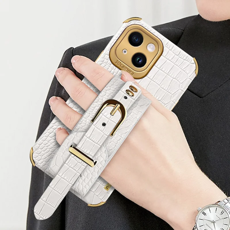 Anti-Drop Phone Cover for iPhone 14 Crocodile Texture Electroplating Phone Case with Hand Strap Kickstand - Yellow