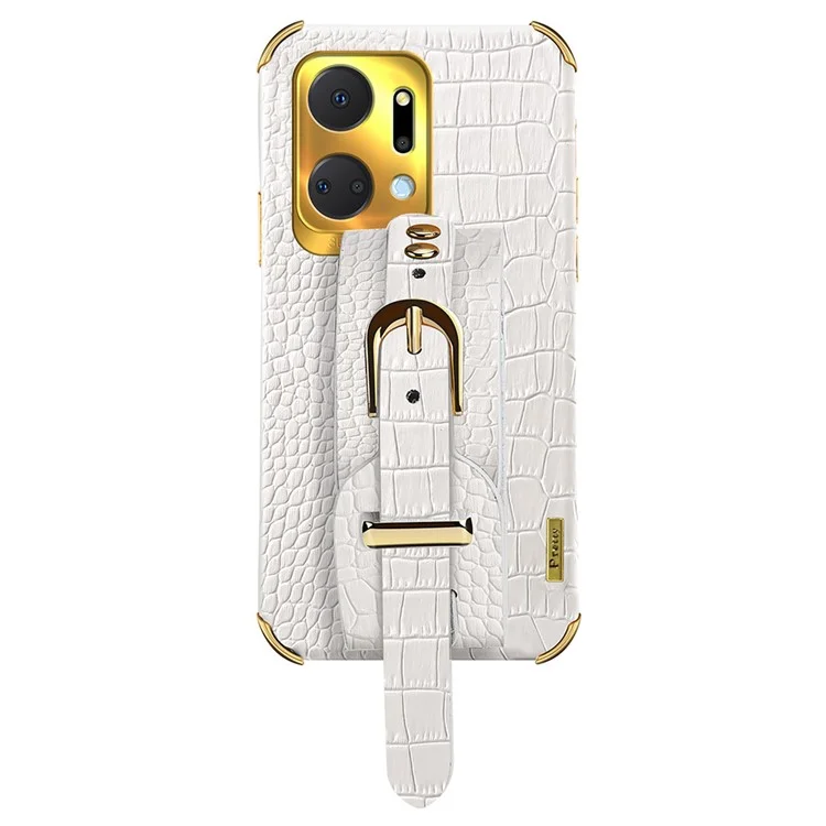 Crocodile Texture Phone Case for Honor X7a 4G / 5G Electroplating Protective Case with Hand Strap Kickstand - White