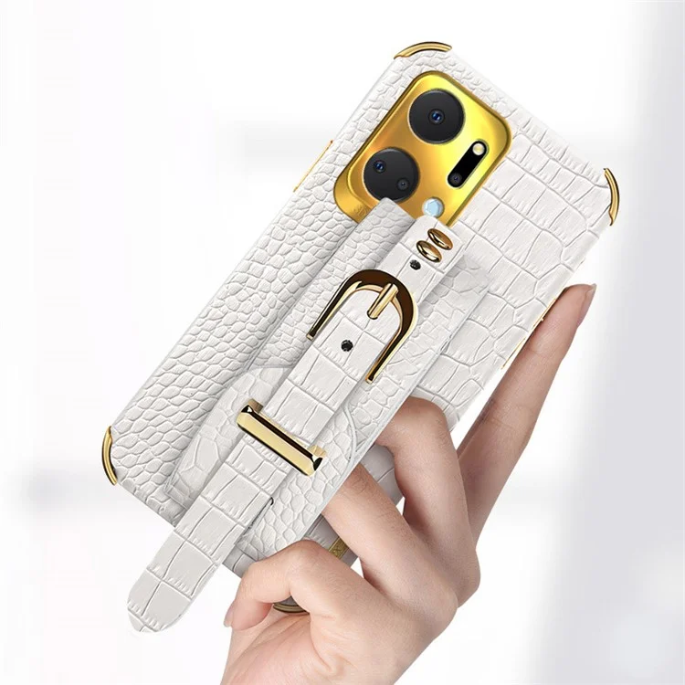 Crocodile Texture Phone Case for Honor X7a 4G / 5G Electroplating Protective Case with Hand Strap Kickstand - White