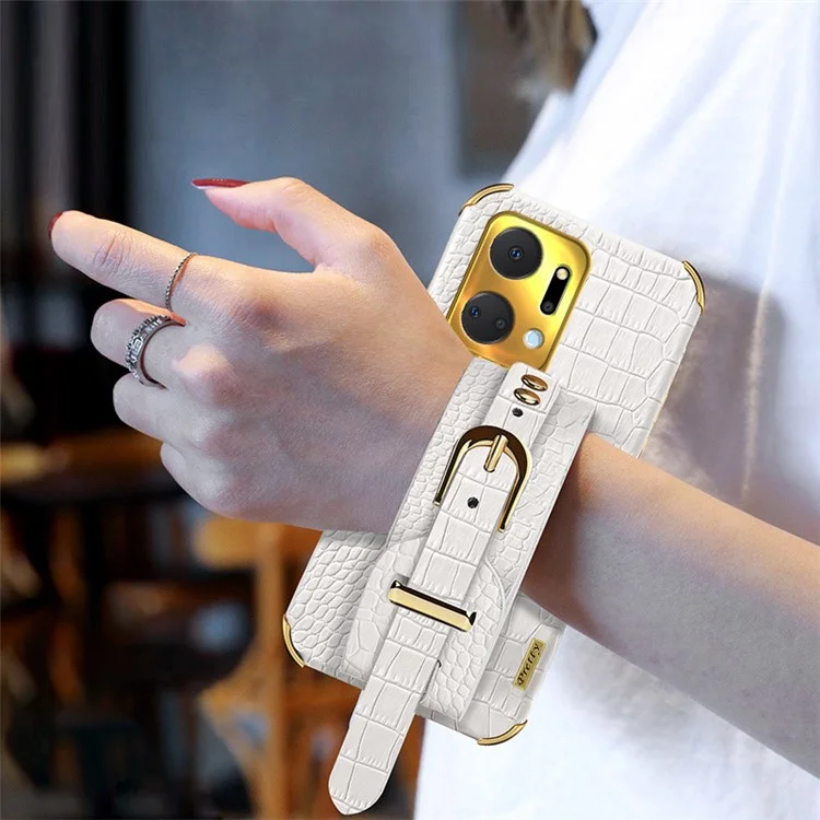 Crocodile Texture Phone Case for Honor X7a 4G / 5G Electroplating Protective Case with Hand Strap Kickstand - White
