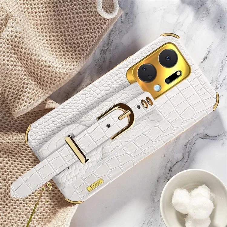 Crocodile Texture Phone Case for Honor X7a 4G / 5G Electroplating Protective Case with Hand Strap Kickstand - White