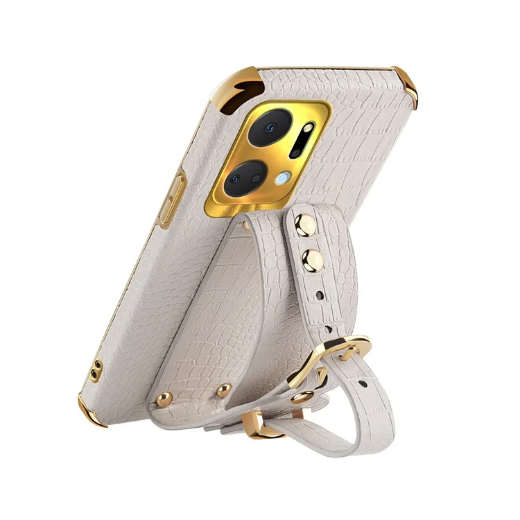 Crocodile Texture Phone Case for Honor X7a 4G / 5G Electroplating Protective Case with Hand Strap Kickstand - White