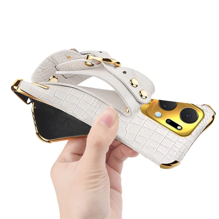 Crocodile Texture Phone Case for Honor X7a 4G / 5G Electroplating Protective Case with Hand Strap Kickstand - White