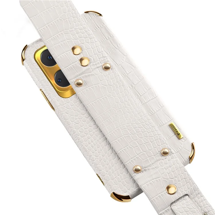 Crocodile Texture Phone Case for Honor X7a 4G / 5G Electroplating Protective Case with Hand Strap Kickstand - White