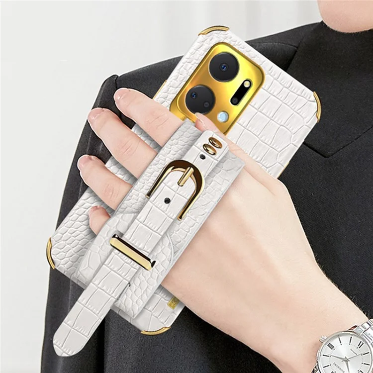 Crocodile Texture Phone Case for Honor X7a 4G / 5G Electroplating Protective Case with Hand Strap Kickstand - White