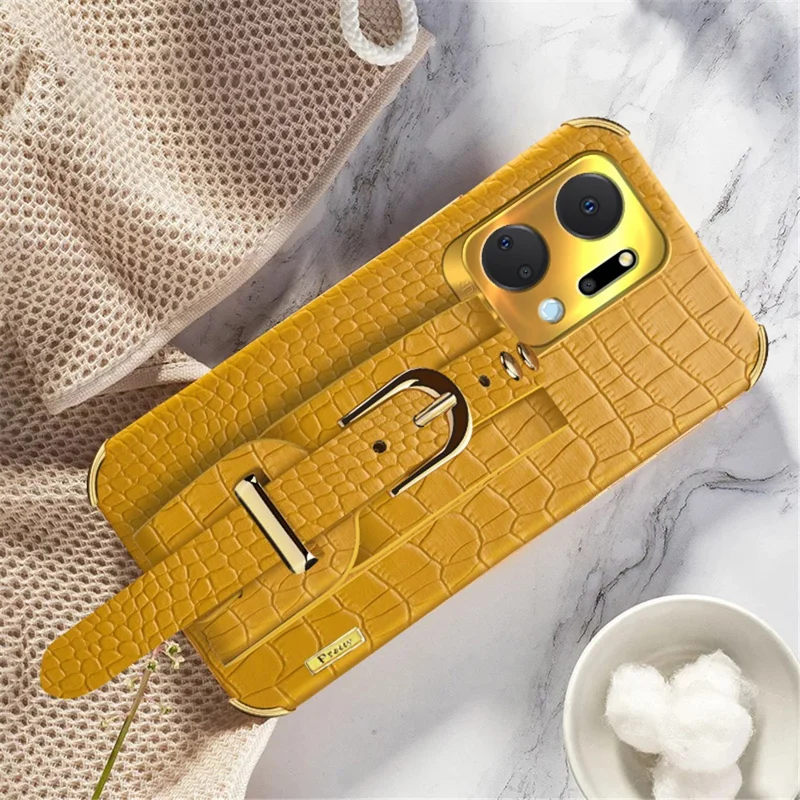 Krokodillæderlignet telefonbeskyttelsesdæksel til Honor X7a 4G / 5G med elektropladeret finish og håndloe støtte - Gul
