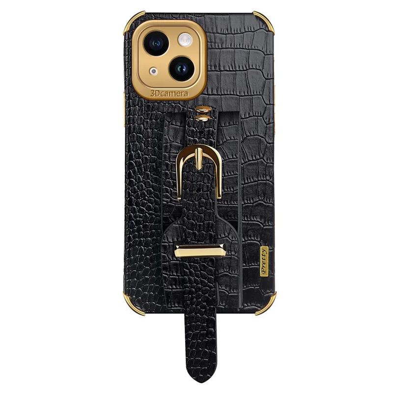 Electroplating Phone Case for iPhone 14 Plus Protective Case with Hand Strap Kickstand - Black