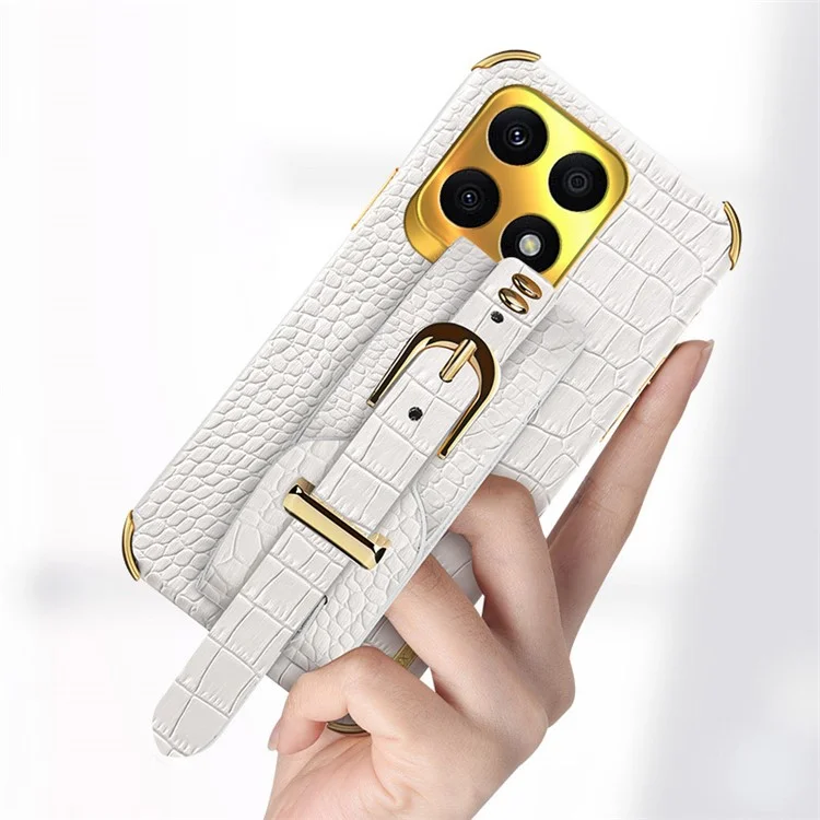 Funda protectora para Honor X8a 4G Funda de teléfono con textura de cocodrilo Funda de teléfono con soporte y correa de mano - Blanco