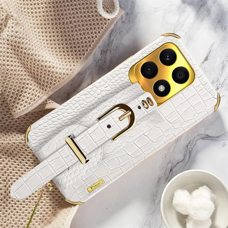 Funda protectora para Honor X8a 4G Funda de teléfono con textura de cocodrilo Funda de teléfono con soporte y correa de mano - Blanco