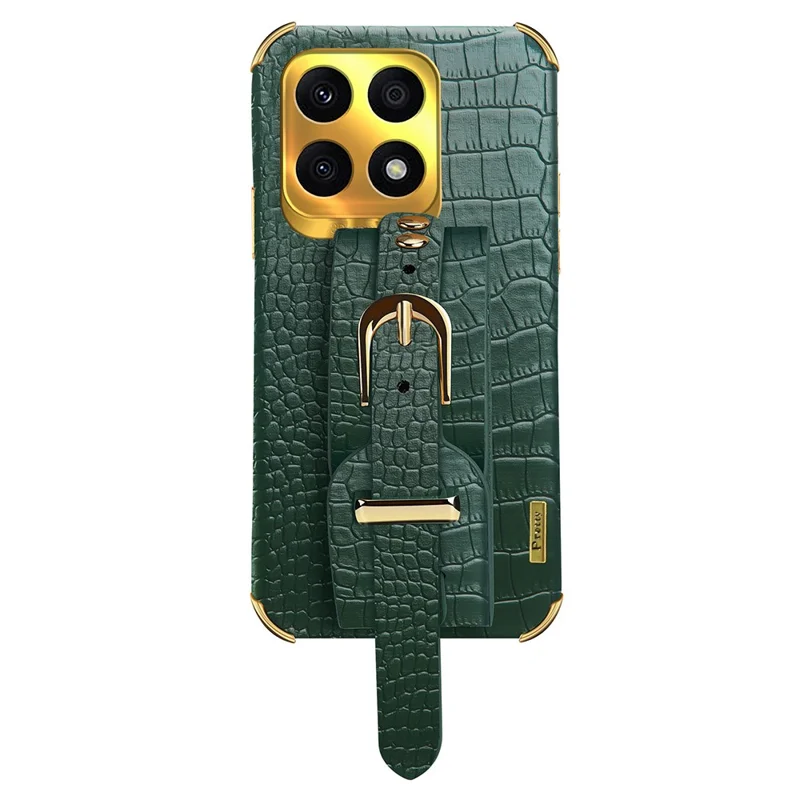 Protective Case for Honor X8a 4G Electroplating Phone Case Crocodile Texture Phone Shell with Hand Strap Kickstand - Green