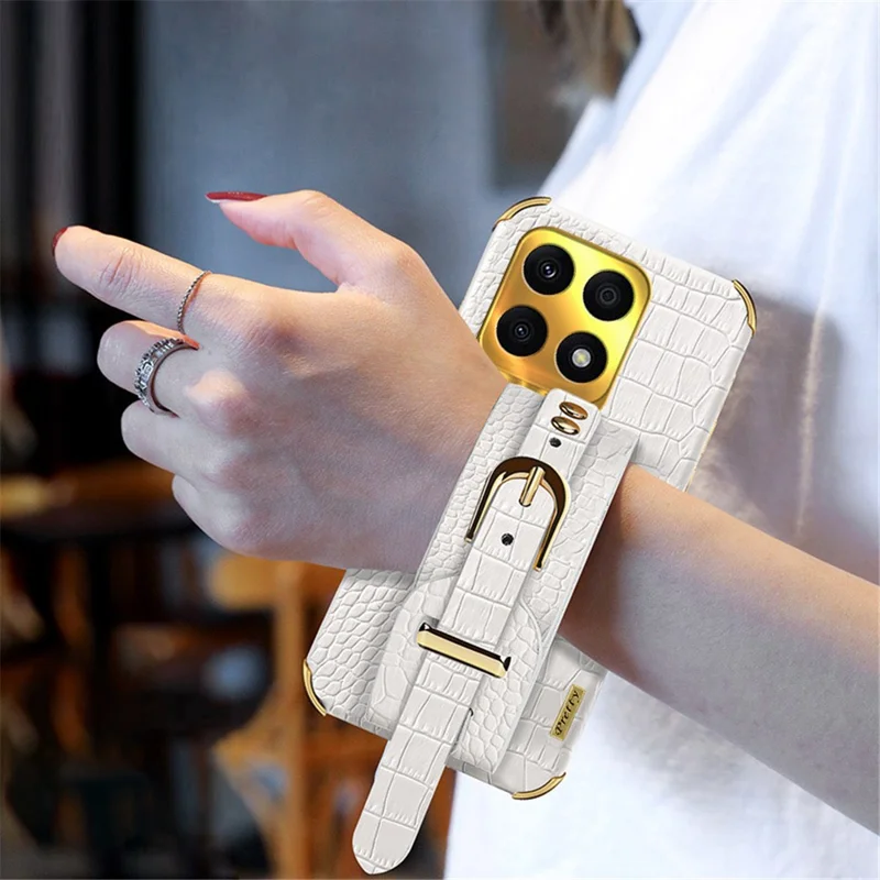 Protective Case for Honor X8a 4G Electroplating Phone Case Crocodile Texture Phone Shell with Hand Strap Kickstand - Green