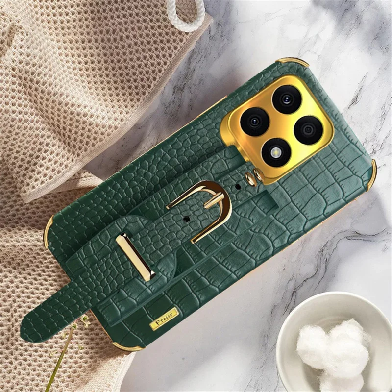Protective Case for Honor X8a 4G Electroplating Phone Case Crocodile Texture Phone Shell with Hand Strap Kickstand - Green