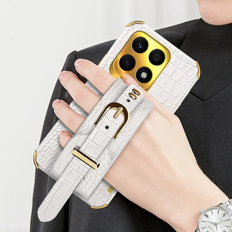 Protective Case for Honor X8a 4G Electroplating Phone Case Crocodile Texture Phone Shell with Hand Strap Kickstand - Green