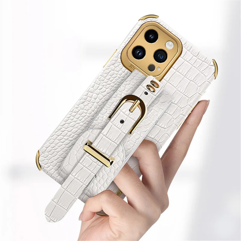 For iPhone 14 Pro Crocodile Texture 6D Electroplating Wristband Case PU Leather + TPU Anti-drop Phone Cover - White