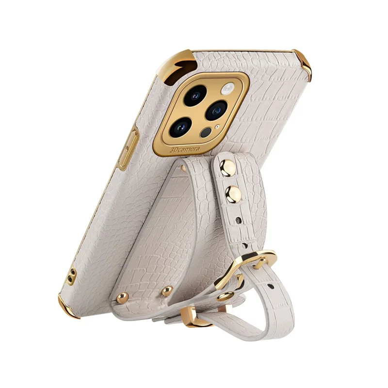 For iPhone 14 Pro Crocodile Texture 6D Electroplating Wristband Case PU Leather + TPU Anti-drop Phone Cover - White