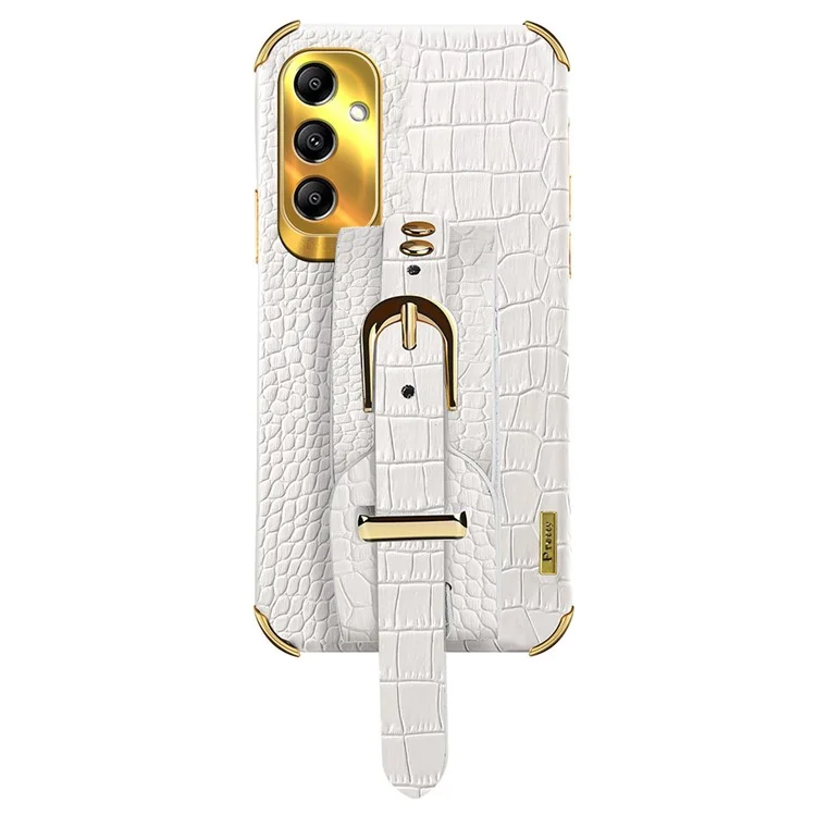 For Samsung Galaxy A14 5G / 4G Leather Coated TPU Cover Electroplated Crocodile Texture Mobile Case with Wristband - White
