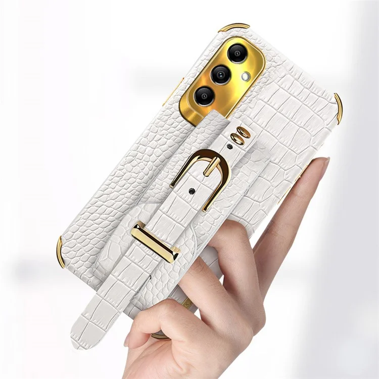 For Samsung Galaxy A14 5G / 4G Leather Coated TPU Cover Electroplated Crocodile Texture Mobile Case with Wristband - White