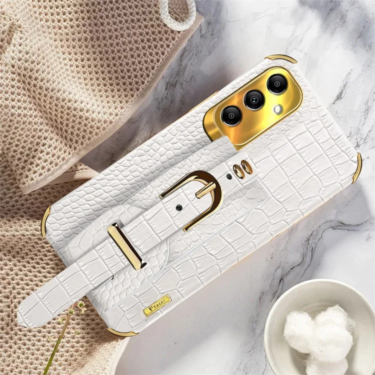 For Samsung Galaxy A14 5G / 4G Leather Coated TPU Cover Electroplated Crocodile Texture Mobile Case with Wristband - White