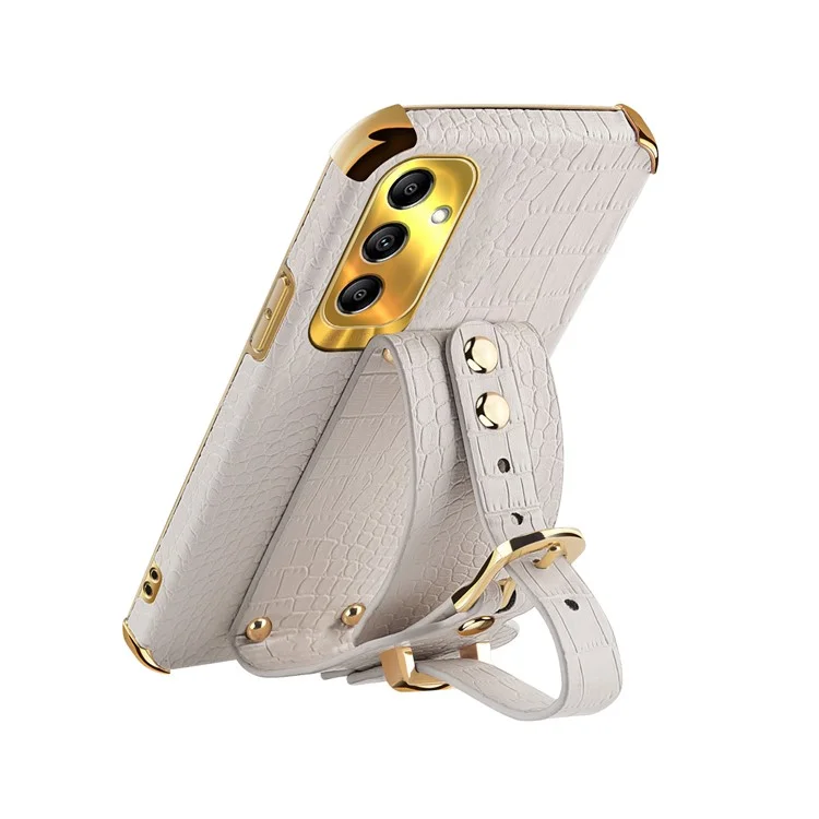 For Samsung Galaxy A14 5G / 4G Leather Coated TPU Cover Electroplated Crocodile Texture Mobile Case with Wristband - White