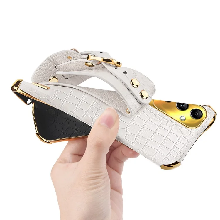 For Samsung Galaxy A14 5G / 4G Leather Coated TPU Cover Electroplated Crocodile Texture Mobile Case with Wristband - White