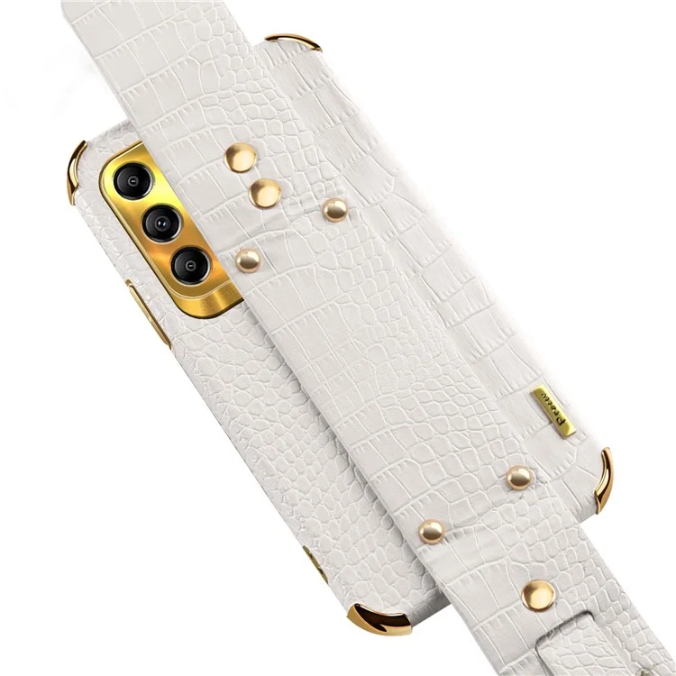 For Samsung Galaxy A14 5G / 4G Leather Coated TPU Cover Electroplated Crocodile Texture Mobile Case with Wristband - White