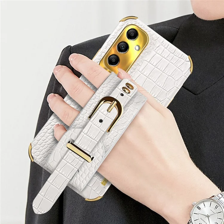 For Samsung Galaxy A14 5G / 4G Leather Coated TPU Cover Electroplated Crocodile Texture Mobile Case with Wristband - White