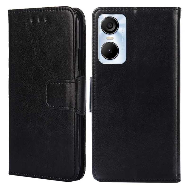 For TECNO Pop 6 Pro 4G Leather Stand Phone Case Full Protection Wallet Cover - Black