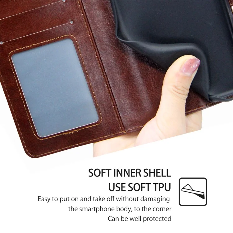 For TECNO Pop 6 Pro 4G Leather Stand Phone Case Full Protection Wallet Cover - Brown