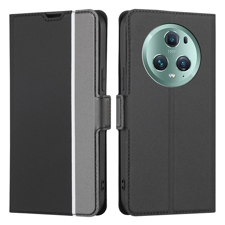 For Honor Magic5 Pro Stand Twill Texture Phone Cover Card Slot Anti-Scratch PU Leather Case - Black