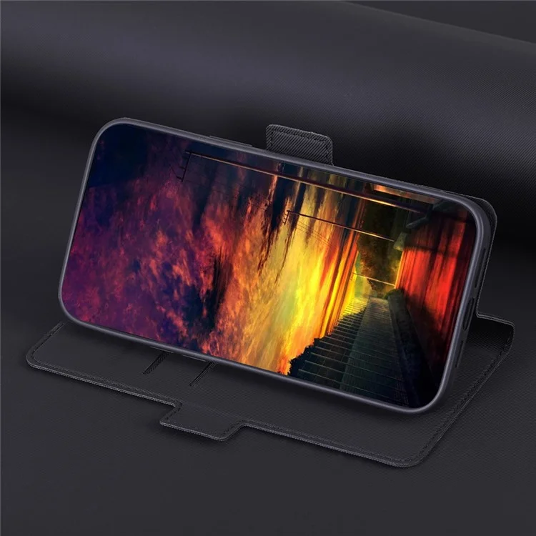For Honor Magic5 Pro Stand Twill Texture Phone Cover Card Slot Anti-Scratch PU Leather Case - Black