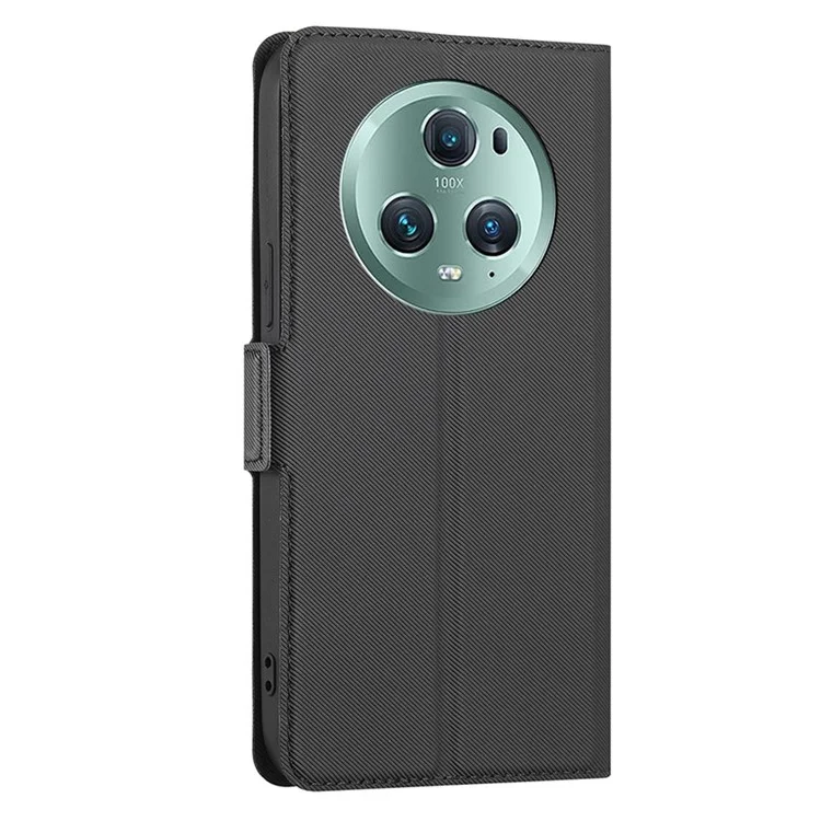 For Honor Magic5 Pro Stand Twill Texture Phone Cover Card Slot Anti-Scratch PU Leather Case - Black