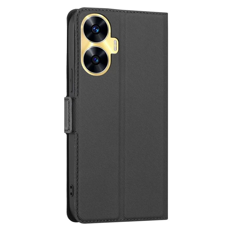For Realme C55 Card Slot Twill Texture Phone Cover Stand Anti-Scratch TPU+PU Leather Case - Black