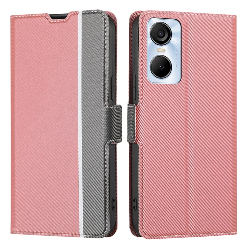 Twill Texture Phone Case for TECNO Pop 6 Pro 4G , Card Holder Stand TPU+PU Leather Cover Shell - Pink