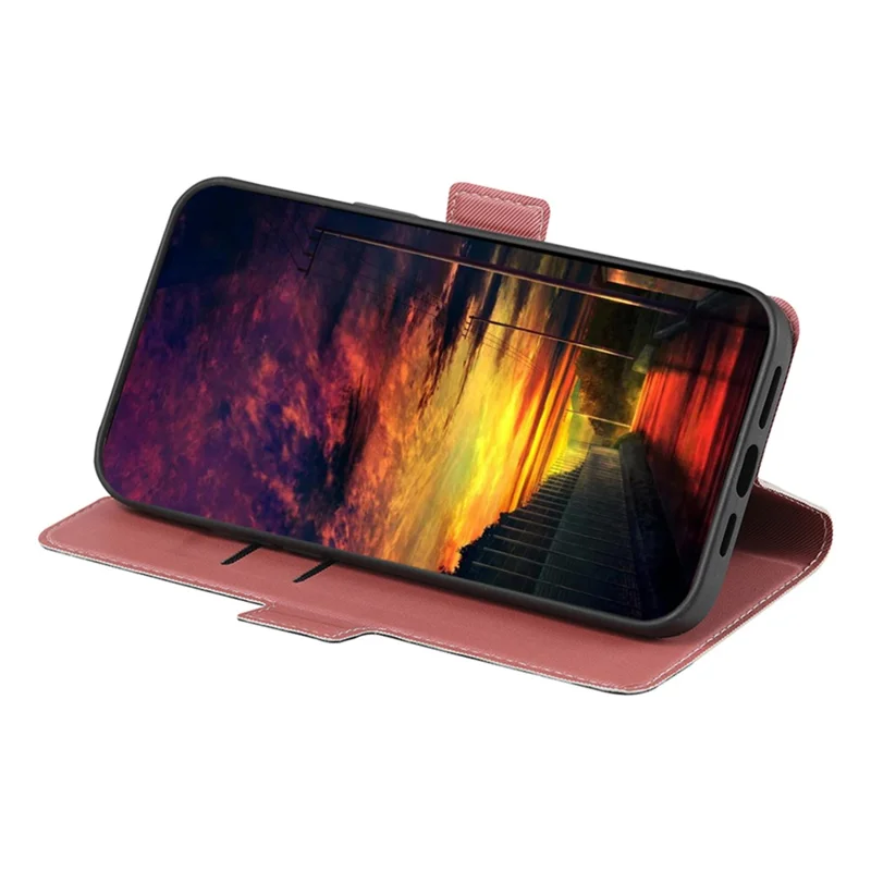 Twill Texture Phone Case for TECNO Pop 6 Pro 4G , Card Holder Stand TPU+PU Leather Cover Shell - Pink