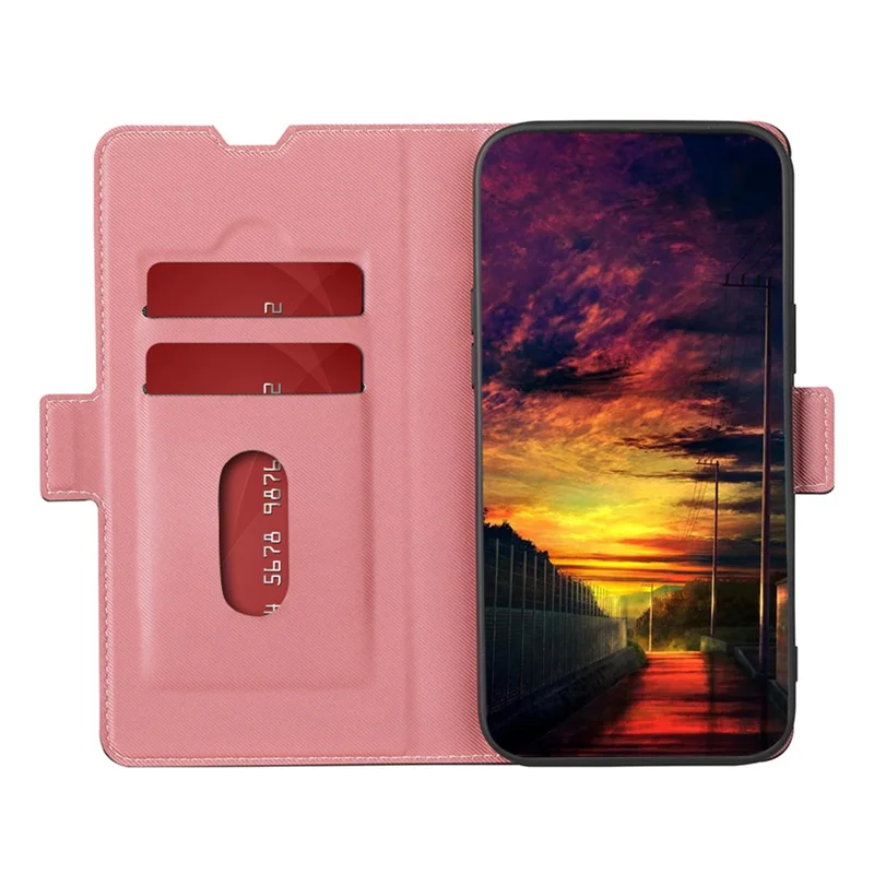 Twill Texture Phone Case for TECNO Pop 6 Pro 4G , Card Holder Stand TPU+PU Leather Cover Shell - Pink