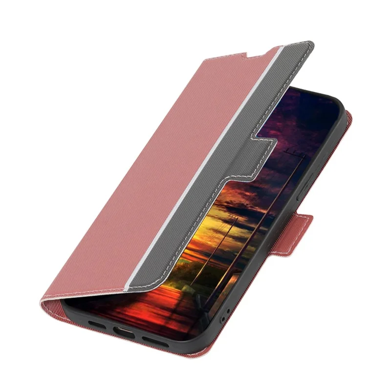 Twill Texture Phone Case for TECNO Pop 6 Pro 4G , Card Holder Stand TPU+PU Leather Cover Shell - Pink