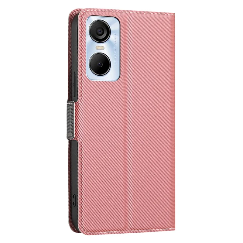 Twill Texture Phone Case for TECNO Pop 6 Pro 4G , Card Holder Stand TPU+PU Leather Cover Shell - Pink