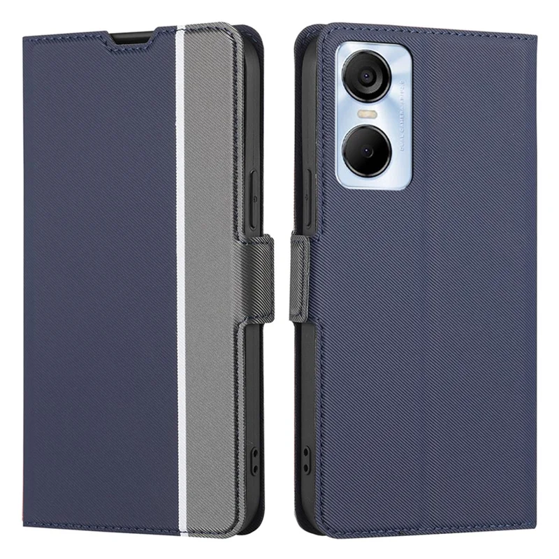 Twill Texture Phone Case for TECNO Pop 6 Pro 4G , Card Holder Stand TPU+PU Leather Cover Shell - Blue