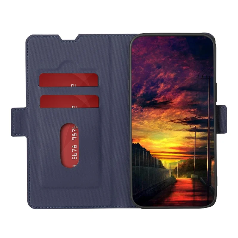 Twill Texture Phone Case for TECNO Pop 6 Pro 4G , Card Holder Stand TPU+PU Leather Cover Shell - Blue