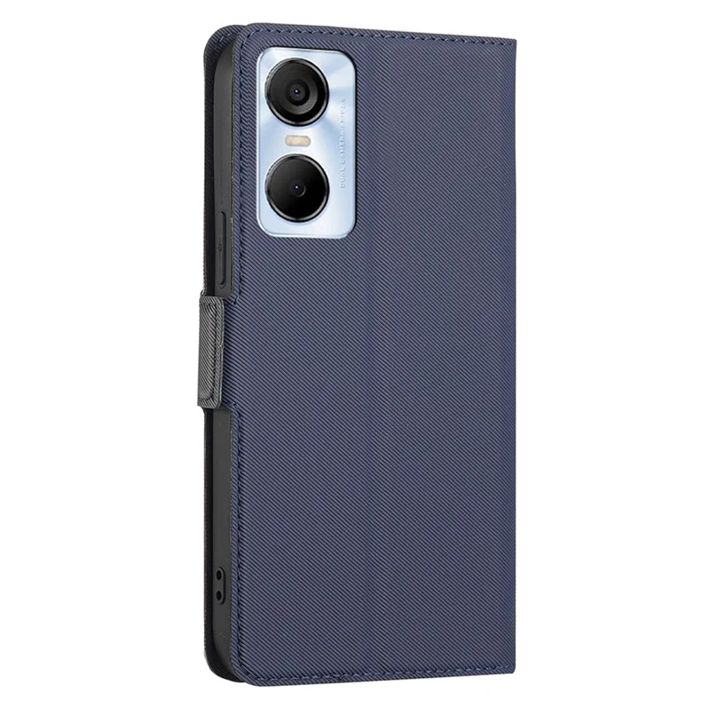 Twill Texture Phone Case for TECNO Pop 6 Pro 4G , Card Holder Stand TPU+PU Leather Cover Shell - Blue