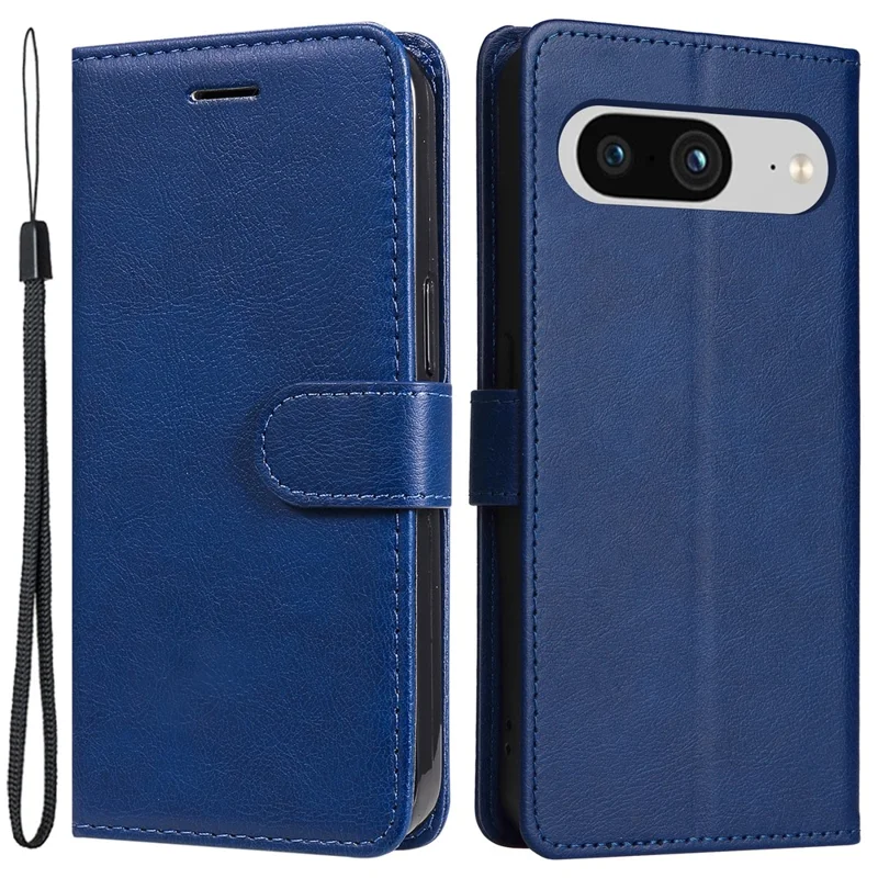 For Google Pixel 8 Case Solid Color Leather Mobile Cover Wallet Stand with Strap - Blue