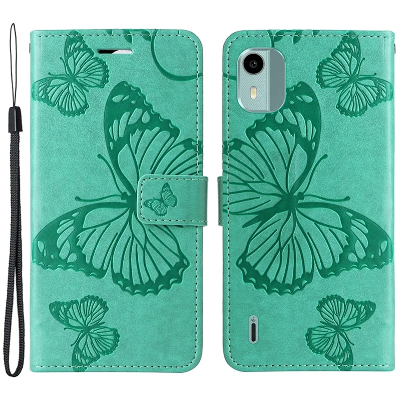 For Nokia C12 4G / C12 Plus / C12 Pro Wallet Case Floral Butterfly Imprinted Leather Phone Cover Stand - Green
