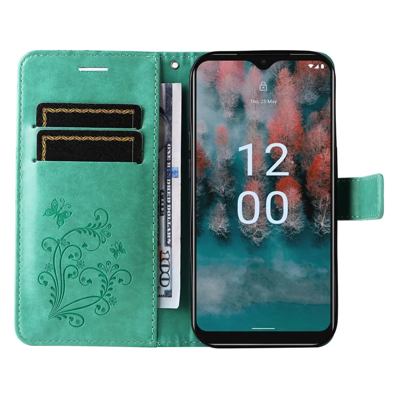 For Nokia C12 4G / C12 Plus / C12 Pro Wallet Case Floral Butterfly Imprinted Leather Phone Cover Stand - Green